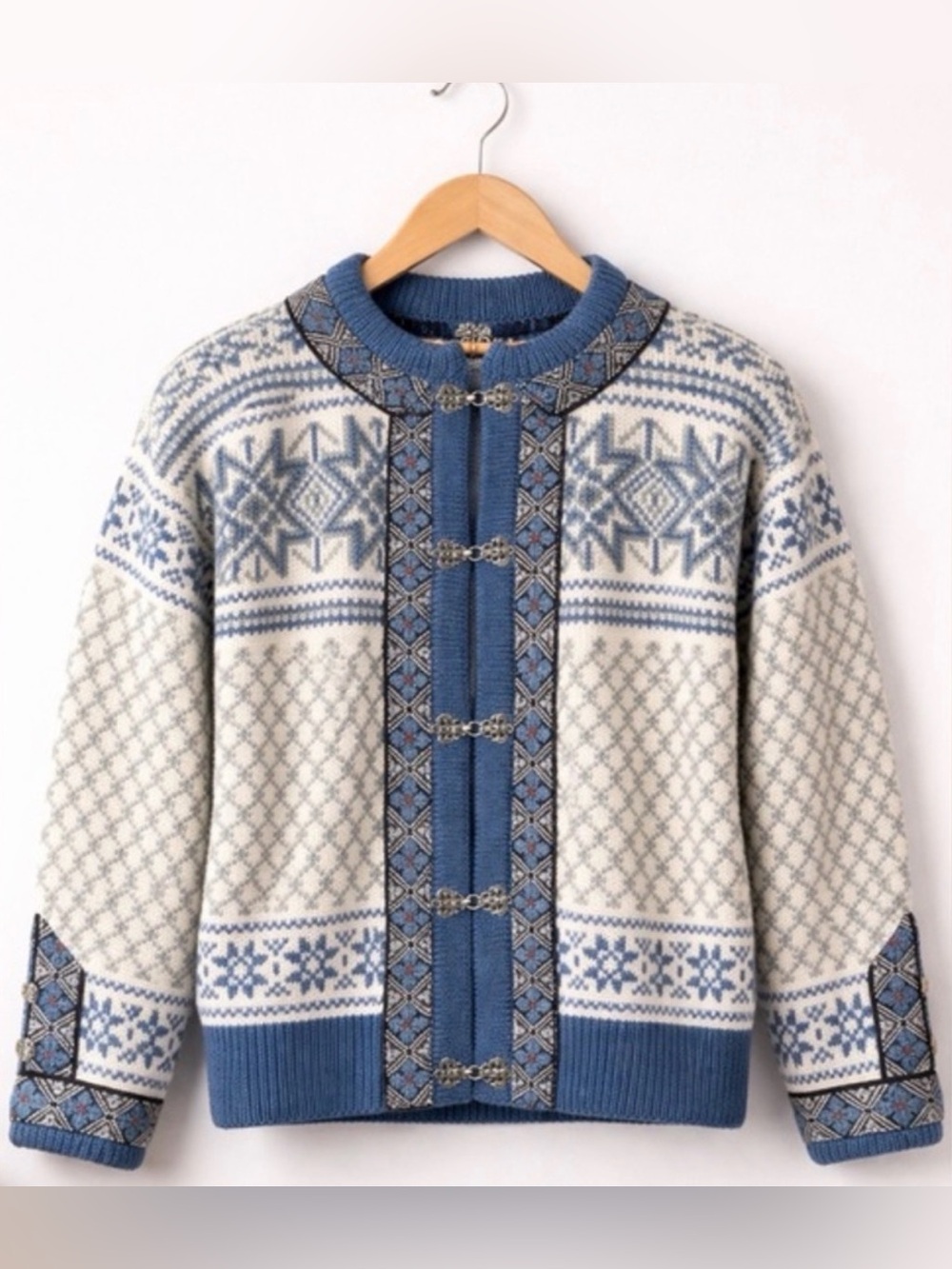 Vintage Dale of Norway Wool Cardigan Nordic Fair Isle Sweater XL Blue FLAW